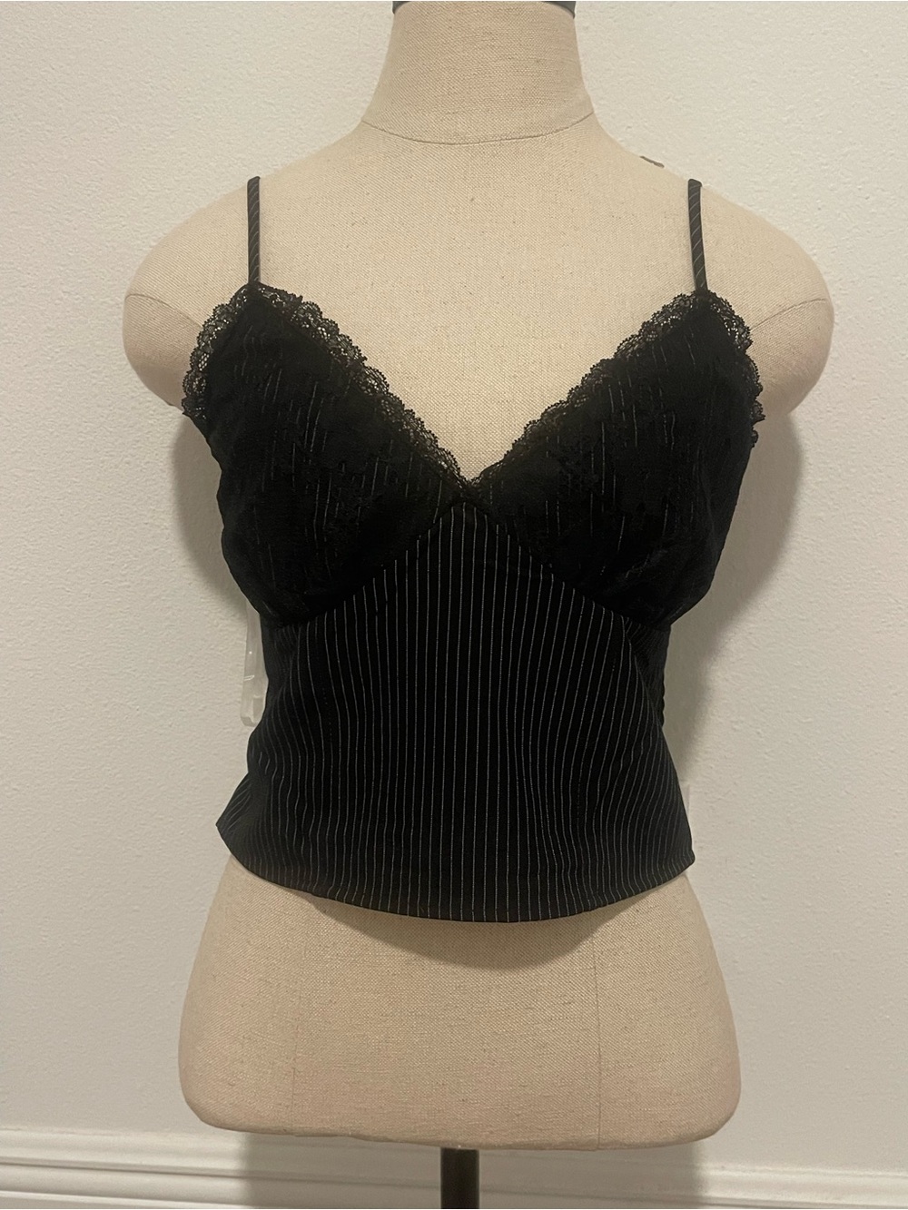 Black Pinstripe Lace Trim Cami Top